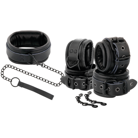 DARKNESS MENOTTES ET COLLIER EN CUIR NOIR
