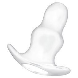 Side view of the smooth, transparent hollow butt plug