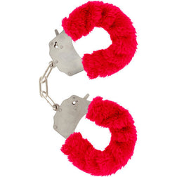 Menottes Toyjoy en métal chromé doublées fourrure rouge Furry Fun en Métal rouge vu de face