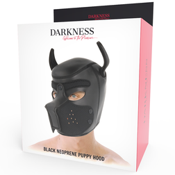 Cagoule puppy play Darkness en néoprène noir avec museau amovible — taille L