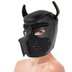 Cagoule puppy play Darkness en néoprène noir avec museau amovible — taille L