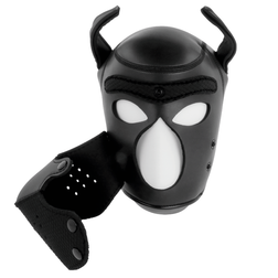 Cagoule puppy play Darkness en néoprène noir avec museau amovible — taille L