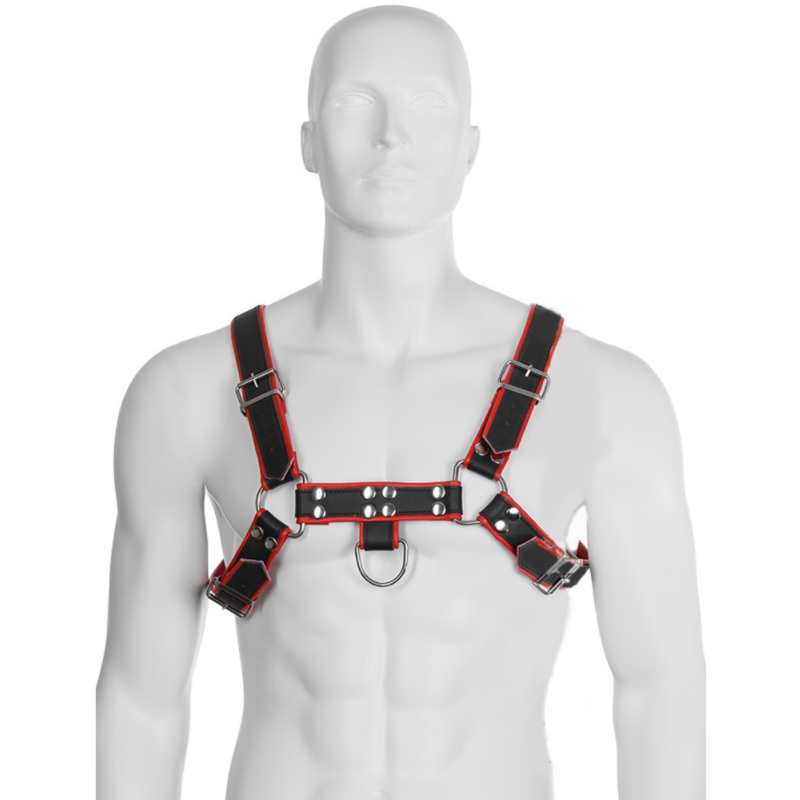 Harnais bulldog cuir noir liseré rouge — Chaîne III · Leather Body · Harnais