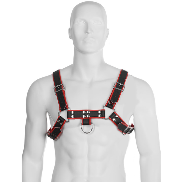 Harnais bulldog cuir noir liseré rouge — Chaîne III · Leather Body · Harnais