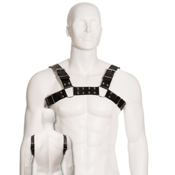 Brassière homme Leather Body Harnais bulldog cuir véritable noir avec bretelles en Cuir noir vu de face