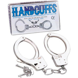 Vue de profil de l'accessoire Menottes métal chromé style police avec clés