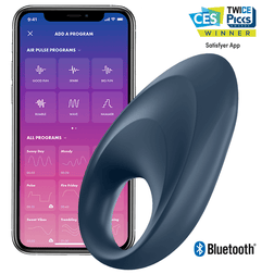 Cockring vibrant connecté Mighty One Satisfyer en silicone bleu.