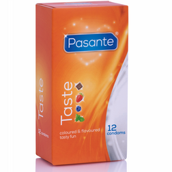 Boîte de 12 préservatifs Pasante Taste aux quatre saveurs.