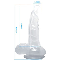 Baile realistic clear TPR dildo with testicles and suction cup base, 16.7 cm long.