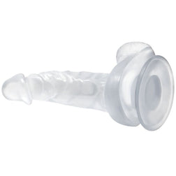 Baile realistic clear TPR dildo with testicles and suction cup base, 16.7 cm long.