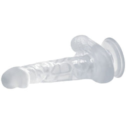 Baile realistic clear TPR dildo with testicles and suction cup base, 16.7 cm long.