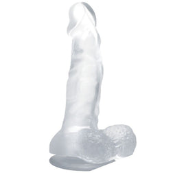 Baile realistic clear TPR dildo with testicles and suction cup base, 16.7 cm long.