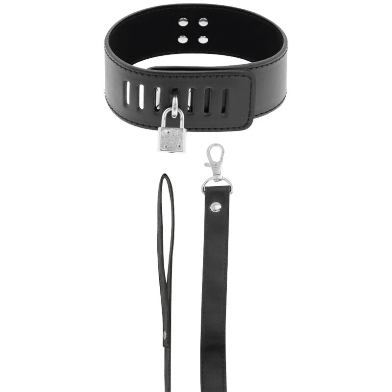 Collier BDSM large avec laisse et cadenas — vue de profil