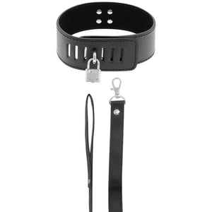 Collier BDSM large avec laisse et cadenas — vue de profil