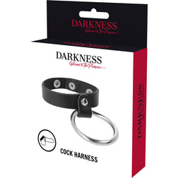 Cockring harnais Darkness noir et métal présenté à plat.