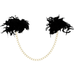 Vue sous un autre angle de l'accessoire Menottes plumes noires avec chaîne dorée