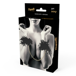 Vue en situation de l'accessoire Menottes plumes noires avec chaîne dorée #6
