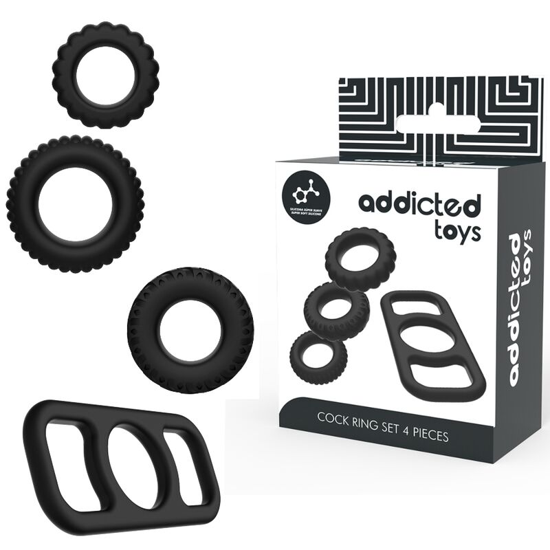 Kit 4 cockrings silicone texturés noir · Addicted Toys · Cockrings silicone