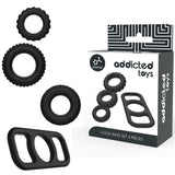 Kit 4 cockrings silicone texturés noir · Addicted Toys · Cockrings silicone