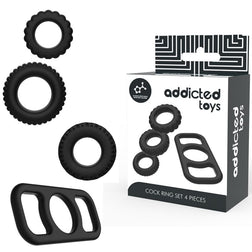 Cockring Addicted Toys Kit 4 s silicone texturés noir en Silicone noir vu de face