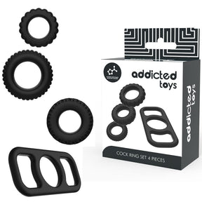 Kit 4 cockrings silicone texturés noir · Addicted Toys · Cockrings silicone