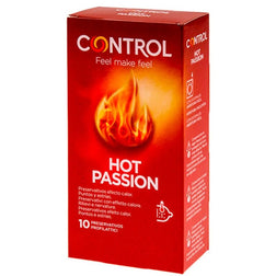 Mug pénis Control Condoms 10 Préservatifs chauffants et texturés — Hot Passion en Latex 19.0 cm vu de face