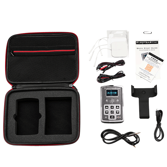 ElectraStim Axis EM200 Set mit OLED-Steuergerät, Etui, Kabeln und Elektroden.
