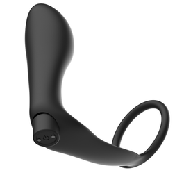 Vibrating cock ring with rechargeable remote-controlled anal plug — in situ