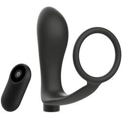 Vibrating cock ring with rechargeable remote-controlled anal plug — profile view