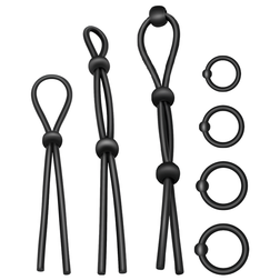 Kit 7 cockrings lassos et anneaux silicone noir — vue de profil